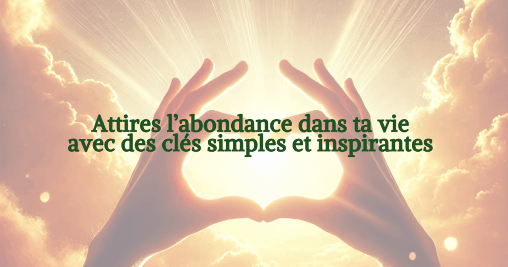 Une main formant un cœur, symbole d’amour et de gratitude, avec le titre “Attire l’abondance dans ta vie