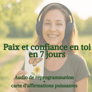 Image illustrant un programme intitulé « Paix et confiance en toi en 7 jours » : une silhouette sereine dans un décor doux et apaisant, avec des couleurs harmonieuses évoquant le calme intérieur et la confiance. Des éléments visuels légers, comme de la lumière ou des formes fluides, symbolisent la détente et l’évolution personnelle