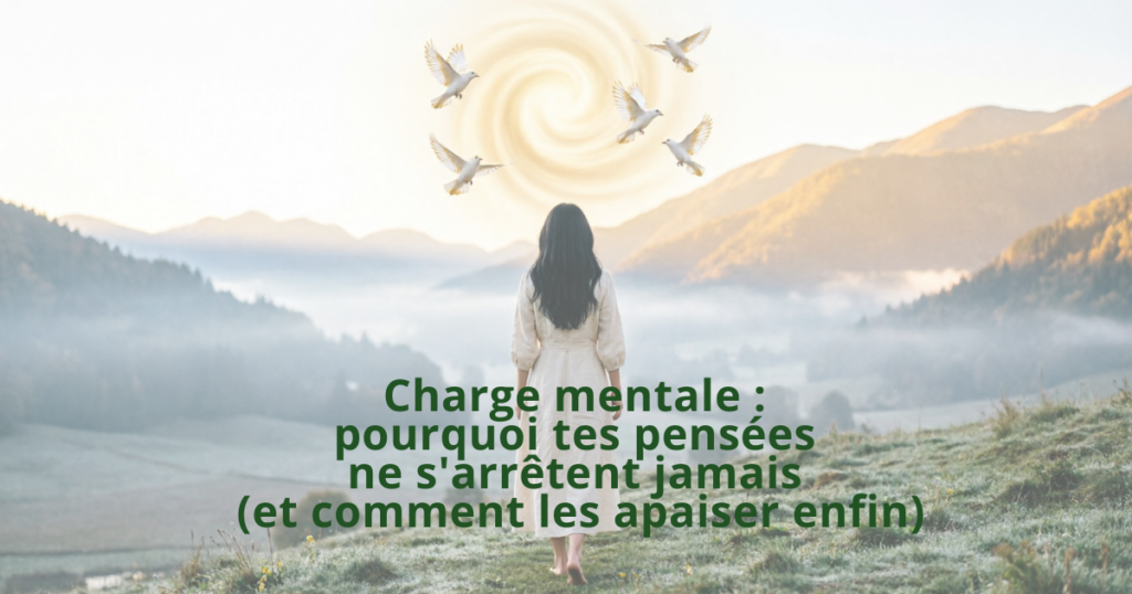 Femme vue de dos en robe de lin beige, marchant pieds nus vers une aube dorée, tandis que de petits oiseaux blancs et or s'envolent d'un tourbillon de lumière au-dessus d'elle – apaiser la charge mentale et laisser ses pensées se poser, Mille Sources.